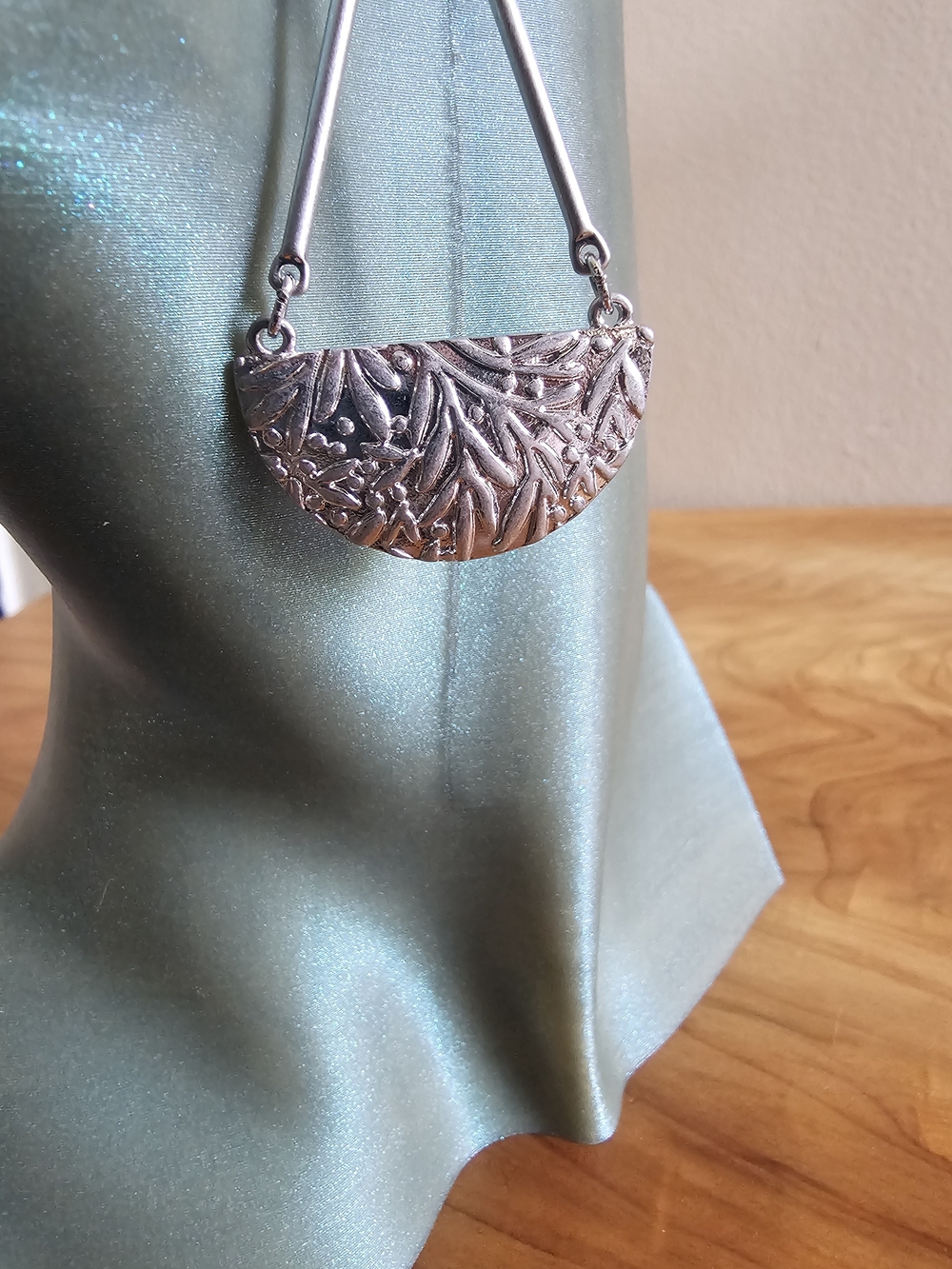 Silver Tone Floral Half-Moon Drop Earrings - Women Jewelry - Picture 4 of 6